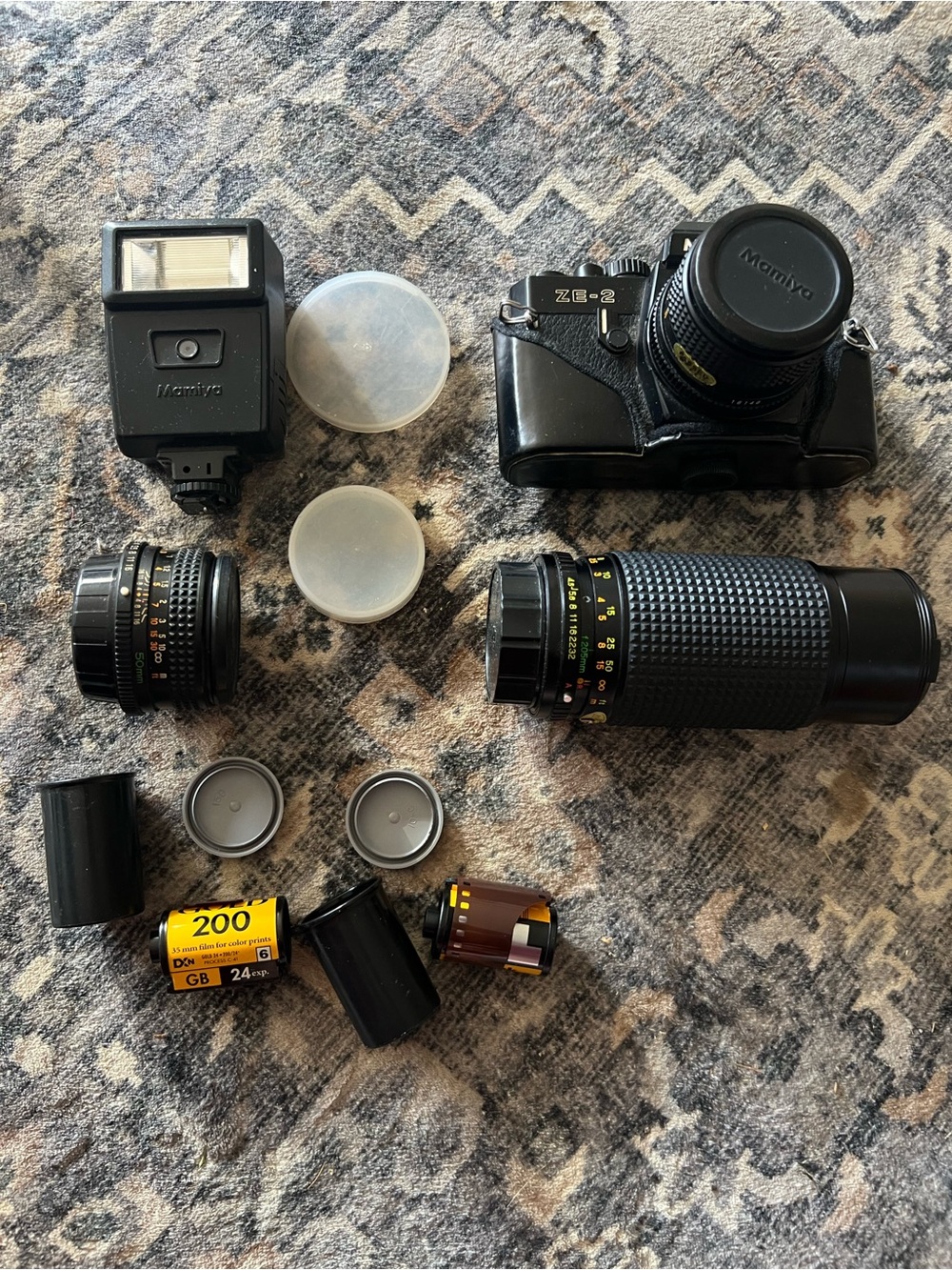 Mamiya Black Film SLR Camera Kit with Flash and Lenses